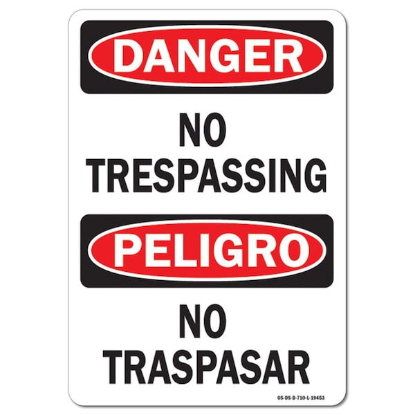 Safety Sign, OSHA Danger, 3.5" Height, 5" Width, No Trespassing Bilingual, Landscape, 10PK